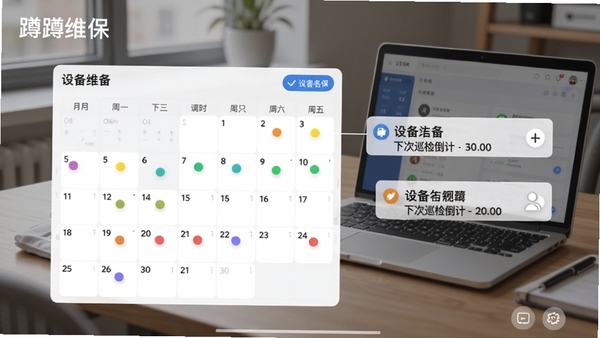 蹲蹲维保智能巡检日历界面截图风格，日历上标记彩色圆点提醒，旁边显示设备名称和下次巡检倒计时，背景为办公桌与笔记本电脑，柔和自然光，突出软件名称“蹲蹲维保”