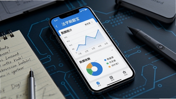 一张手机屏幕截图特写,屏幕中显示法学刷题宝APP的数据统计页面,包含折线图、饼图等可视化图表,背景是深蓝色的科技感桌面,周围有散落的笔记和电子笔,画面具有现代感,突出数据化管理的优势。