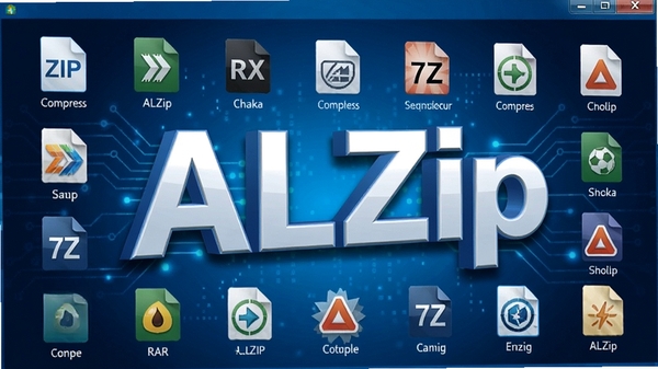 ALZip格式支持示意图，展示多种压缩格式的文件图标排列在屏幕上，如ZIP、RAR、7Z等，背景为科技感十足的蓝色调，软件名称ALZip以立体字呈现，突出其全能解压特性