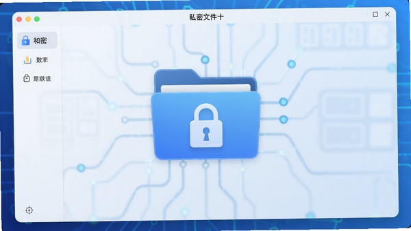 私密文件软件主界面预览图，画面中心显示加密文件夹图标和锁形标识，背景为简洁的蓝色科技感渐变，整体风格现代且专业，突出数据保护主题