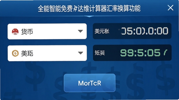 全能智能免费达维计算器汇率换算功能界面，展示人民币兑换美元的汇率结果，界面包含货币选择下拉框与实时汇率显示，背景为蓝色商务风格，数字清晰，互动性强。