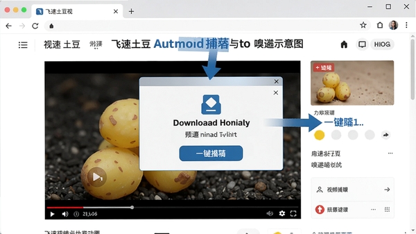 飞速土豆视频嗅探功能示意图,画面展示浏览器播放视频时软件自动弹出下载提示的悬浮窗,背景为视频播放页面,强调自动捕获与一键下载的操作流程