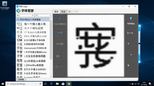 字体管家主界面预览图，展示软件在Windows桌面上的完整界面，左侧字体列表，右侧大字预览区，背景为整洁的电脑桌面，整体风格简洁明亮，软件Logo清晰可见