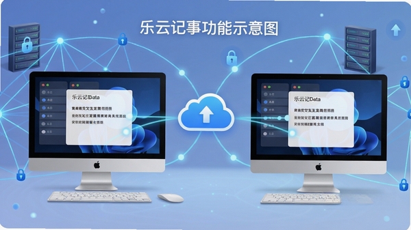 乐云记事功能示意图,画面展示两台电脑之间通过云端图标同步记事数据,背景为抽象网络连接线条,突出数据安全与同步流畅感