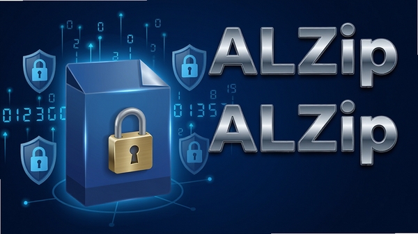 ALZip加密功能示意图，展示一个带锁的压缩包文件，背景有数字密码和加密盾牌元素，色调为深蓝色，软件名称ALZip以金属质感呈现，强调安全可靠