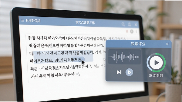 韩语老师（标准韩国语第三册）的课文点读功能特写图，电脑屏幕显示韩语课文段落，鼠标指针悬停在句子上，旁边弹出音频波形与跟读评分对话框，界面包含播放按钮和分数圆环，背景虚化处理，突出软件界面细节，画面质感现代，色彩柔和