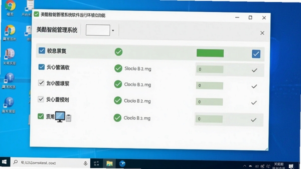美酷智能管理系统的软件运行环境检测功能截图，界面显示各项检测项目均通过绿色对勾，背景为干净的Windows桌面