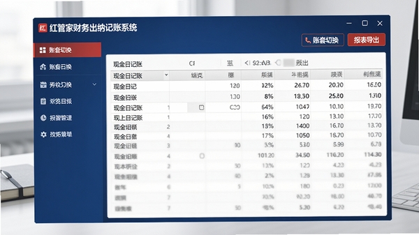 红管家财务出纳记账系统的主界面预览图，画面以深蓝色财务软件界面为主体，左侧为功能导航栏，右侧显示现金日记账表格数据，顶部有账套切换和报表导出按钮，整体风格商务简洁，背景为浅灰色办公桌面，光线明亮柔和