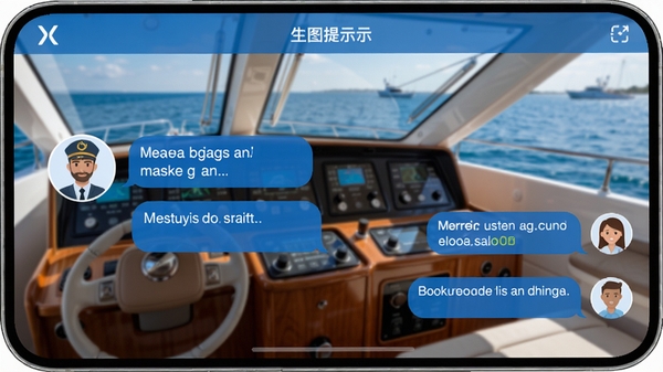 生图提示词：X游艇应用内的社交聊天界面截图，左侧为船长头像和消息气泡，右侧为用户回复，背景为游艇驾驶舱和海洋景色，界面设计清晰友好，突出实时沟通与互动，色彩以蓝色和白色为主，体现航海主题，画面干净整洁，适配手机屏幕显示