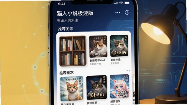 猫人小说极速版主界面预览图,手机屏幕显示书架和推荐小说列表,背景为渐变的深蓝色调,搭配暖黄色阅读灯效,画面简洁明亮,突出极速阅读的主题,整体风格现代且富有科技感