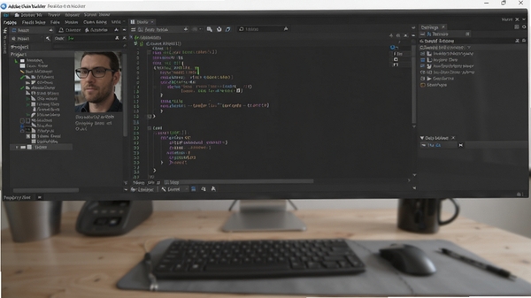 Adobe Flash builder软件整体界面预览图，展示深色代码编辑器、项目资源面板与调试控制台，背景为模糊的电脑工作台，整体风格专业且现代