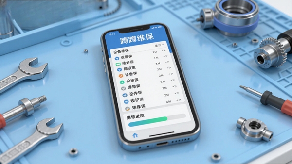蹲蹲维保主界面3D渲染图，手机屏幕显示设备列表和维修进度条，背景为浅蓝色科技感工作台，工具与零件散落，整体明亮清晰，突出软件名称“蹲蹲维保”
