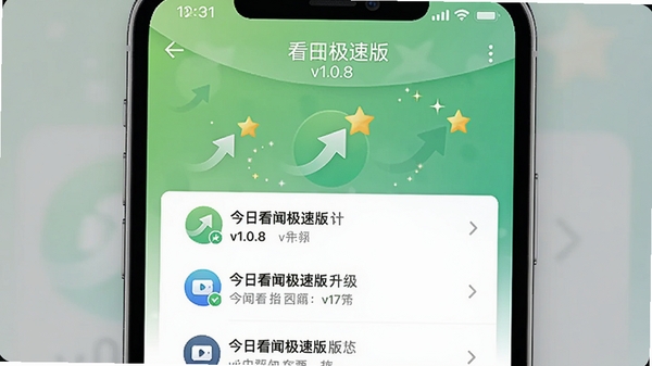 今日看闻极速版版本更新日志界面，手机屏幕上显示更新说明列表，带有“v1.0.8”标题，背景为清新绿色渐变，图标周围有升级箭头和星星点缀，画面整洁直观。