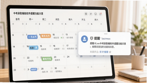 中考录取辅助软件提醒功能示意，日历视图上标注重要日期，弹出消息卡片展示提醒内容，背景柔和