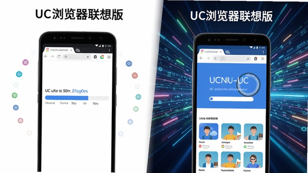 一张展示UC浏览器联想版极速加载效果的对比图,左侧是普通浏览器缓慢的进度条,右侧是UC浏览器联想版瞬间完成的页面加载,背景为高速运动的数字光流,色彩明亮富有科技感,强调其速度优势