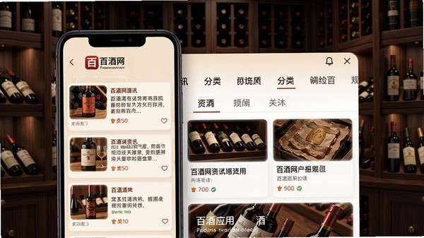 百酒网应用主界面预览图，展示酒类资讯列表与分类导航，背景为深色木质酒柜，前景为手机屏幕清晰显示百酒网logo与文章卡片，整体色调温暖，高清数字渲染