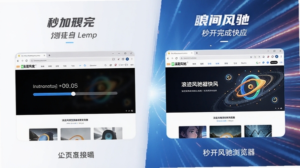浪迹风驰浏览器极速加载网页的对比场景图，左侧为普通浏览器加载进度缓慢，右侧为浪迹风驰浏览器瞬间完成页面渲染，背景有速度线特效，突出秒开网页的畅快感