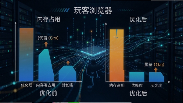 玩客浏览器内存优化示意图，左侧是优化前的内存占用条，右侧是优化后显著降低的占用条，背景为科技感的数据流动线条
