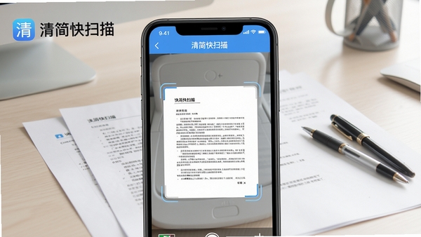 清简快扫描应用主界面，手机屏幕中显示扫描文档的预览效果，背景为整洁的办公桌面，有纸张和笔，画面明亮清晰，突出软件的简洁与高效，采用写实风格，光线自然，细节丰富，整体色调清爽，符合办公场景，配文“清简快扫描”文字标识。