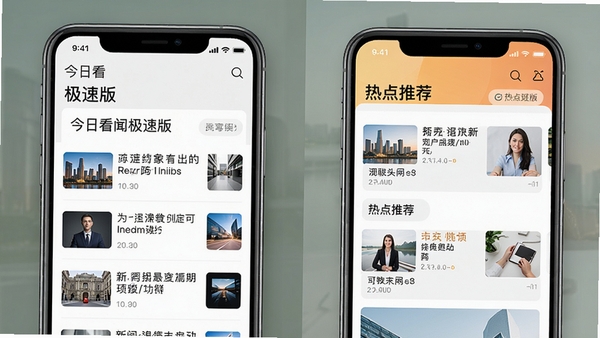 今日看闻极速版手机界面预览图，展示简洁的新闻列表和热点推荐板块，背景为浅色系，突出文字清晰度，整体风格现代且专业