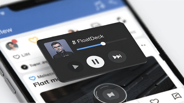 FloatDeck 迷你音乐控制卡片特写,悬浮在社交媒体界面上方,显示歌曲名称和播放进度条,有播放暂停和切歌按钮,背景是社交应用界面,风格清新,UI设计精美,产品展示图
