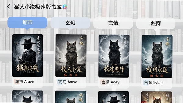猫人小说极速版书库分类界面,屏幕展示都市、玄幻、言情等分类标签,每个分类配以代表性书籍封面,背景为浅灰色书架纹理,整体视觉清晰有序,突出资源丰富的特点