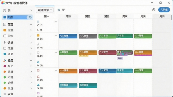 六六日程管理软件的分类管理功能截图，画面展示不同颜色的日程标签在周视图中的分布情况，左侧有分类筛选栏，右侧显示对应颜色的日程条，界面设计清爽，色彩区分度高，软件名称“六六日程管理软件”在顶部菜单栏可见，整体画面干净整洁，适合功能展示