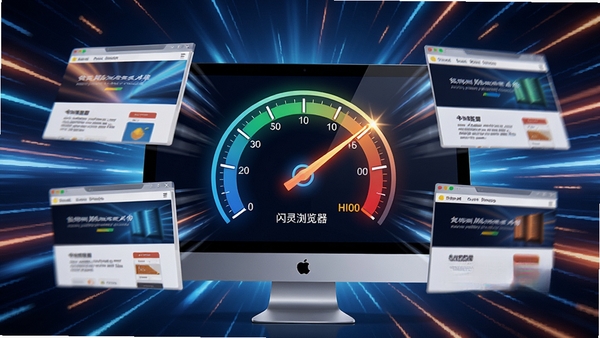 闪灵浏览器极速加载功能预览图，画面中一个电脑屏幕显示速度仪表盘，指针指向最高值，周围有多个网页窗口快速展开，背景带有光速线条特效，色彩明亮，突出快速与高效