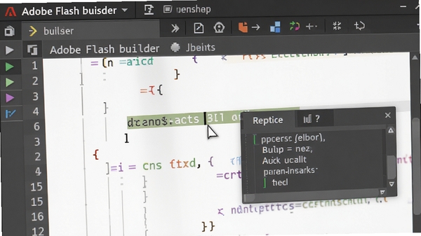 Adobe Flash builder代码编辑界面特写，显示彩色语法高亮与智能提示浮层，光标停留在函数调用处，周围是代码行号与折叠标记，整体观感清晰锐利