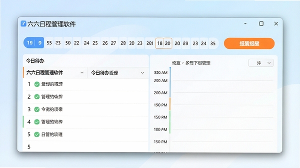 六六日程管理软件主界面预览图，展示清晰的日程列表、日期导航和醒目的提醒按钮，整体风格简洁明亮，背景为淡雅的蓝白色渐变，窗口边缘有柔和的阴影效果，软件名称“六六日程管理软件”显示在界面左上角，主区域呈现今日待办事项和时间轴，画面比例为16:9，适合软件下载站展示