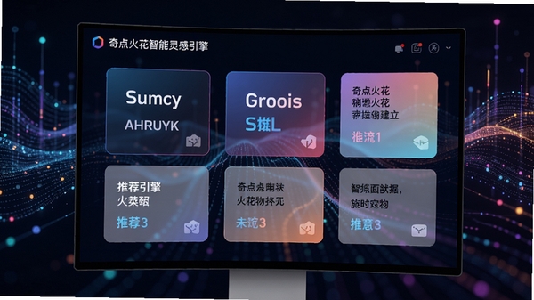 奇点火花智能灵感引擎界面，屏幕显示多组创意关键词与推荐文案卡片，背景为抽象数据流动图形，色彩渐变，科技感强