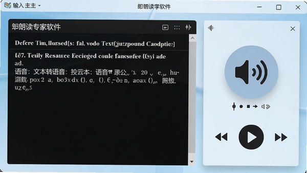 中英文朗读专家软件主界面截图，左侧为文本输入区域，右侧为语音播放控制面板，背景为浅蓝色渐变，整体风格简洁现代，图标清晰，展示软件核心的文本转语音功能