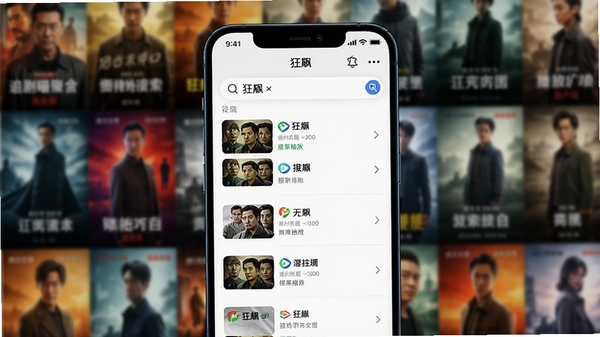 追剧喵聚合搜索功能演示图，画面中一个手机屏幕显示搜索“狂飙”的结果，多条不同来源的播放线路并列展示，背景为模糊的影视剧海报墙，色彩丰富，突出搜索效率