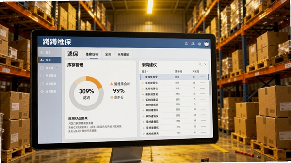 蹲蹲维保耗材库存管理界面，显示滤芯剩余百分比和采购建议列表，背景为仓库货架与纸箱，暖黄色灯光，写实风格，突出软件名称“蹲蹲维保”