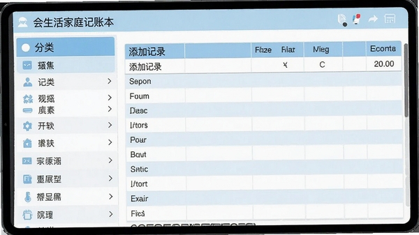 会生活家庭记账本软件的分类管理界面，左侧为分类列表，右侧为添加记录的表格，整体采用浅蓝与白色搭配的扁平化设计风格