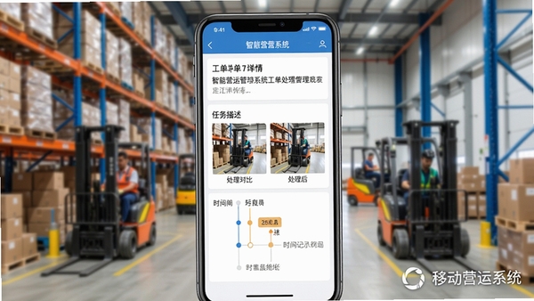 智慧营运管理系统工单处理流程界面截图，画面展示手机屏幕上工单详情页，包含任务描述、处理前后对比照片、时间轴记录，背景为仓储物流场景，色彩明亮，突出移动办公的便捷性，软件名称水印置于右下角