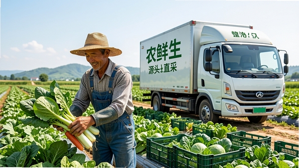 农鲜生源头直采场景，展示农民在田间采摘蔬菜，旁边有冷链运输车，画面明亮自然，突出新鲜与安全，细节丰富