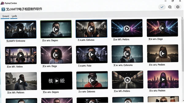 艾奇MTV电子相册制作软件模板选择界面，展示多种风格化视频模板缩略图，画面明亮，界面整洁，突出模板丰富多样