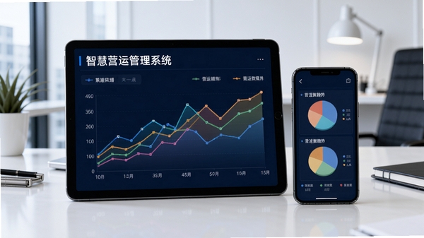 智慧营运管理系统数据报表展示效果图，画面主体为平板电脑与手机并排显示，屏幕上是彩色折线图与饼状图，展示营运数据趋势，背景为简约办公室桌面，色调以深蓝和白色为主，科技感强，软件名称作为图表标题展示