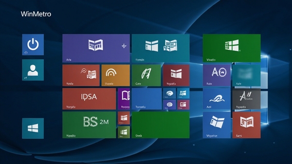 WinMetro软件主界面预览图，画面中央显示仿Windows 8风格的彩色磁贴开始菜单，左侧为电源与用户头像图标，背景为深蓝渐变抽象纹理，整体界面简洁明亮，细节清晰，渲染图风格
