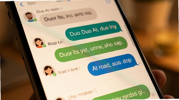 Duo Ai 智能对话界面特写,手机屏幕展示用户与AI的连续聊天记录,背景虚化处理,突出文字气泡的清晰度,色调温暖,展现流畅自然的对话体验