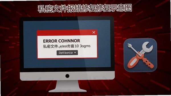私密文件报错修复示意图，画面显示电脑屏幕上出现错误提示框，旁边有修复工具的图标，背景为暗红色，强调问题解决的紧迫感