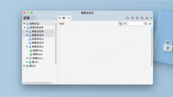 秘密日记本软件主界面截图，一个整洁的桌面程序窗口，左侧是日记目录树，右侧是编辑区域，背景为柔和的浅蓝色调，突出隐私安全的氛围，高清渲染