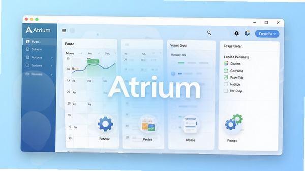 Atrium软件主界面预览图，展示其日程管理与任务清单的整合视图，画面以淡蓝色渐变背景为主，界面元素清晰简洁，突出其高效、现代的设计风格，中央显示Atrium的logo与核心功能图标，整体氛围明亮、清爽，适合作为软件介绍的首图