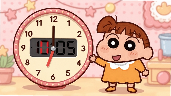 小丸子时钟主界面，一个可爱的卡通小女孩形象站在圆形时钟旁边，桌面背景是温馨的粉色系，时钟显示当前时间，整体风格卡通可爱，色彩明亮，细节丰富，适合作为桌面时钟软件的预览图