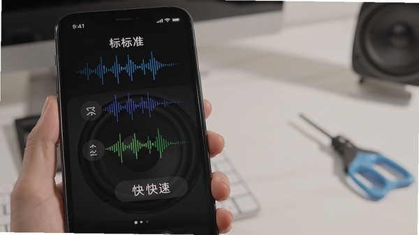 扬声器清洁助手三种清洁模式切换界面，手机屏幕显示标准、深度、快速三个选项，背景配以不同颜色的声波图形，界面简洁直观，符合移动端操作习惯