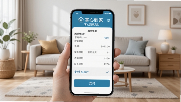掌心到家支付页面，展示服务费用明细与支付按钮，背景为整洁的客厅环境，手机屏幕清晰可见，强调透明收费，带有掌心到家标识