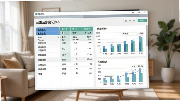 会生活家庭记账本电脑版主界面预览图，展示清晰的家庭收支分类列表和月度统计图表，背景为温馨明亮的客厅场景，软件窗口居中显示，风格写实清晰