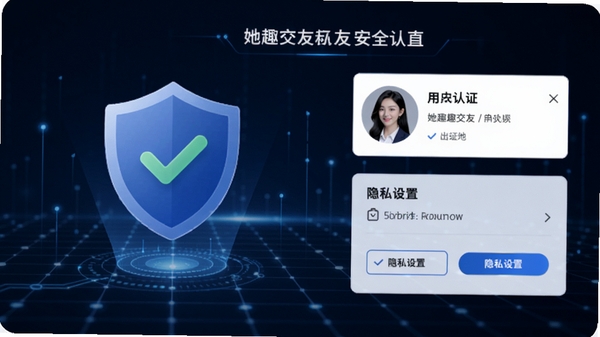 她趣交友安全认证界面，盾牌图标与认证对勾，背景为科技感蓝色网格，有用户资料卡片和隐私设置选项，风格稳重简洁