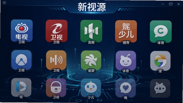 新视源直播软件频道分类界面,展示央视、卫视、体育、少儿等图标,背景为深蓝色科技感纹理,图标排列整齐,画面明亮清晰,突出软件名称“新视源”